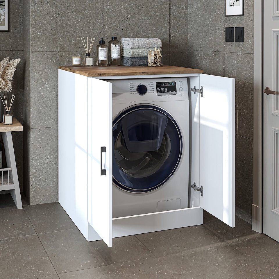 image 1 of Roomart Low Washing Machine Cabinet with Doors White and Oak