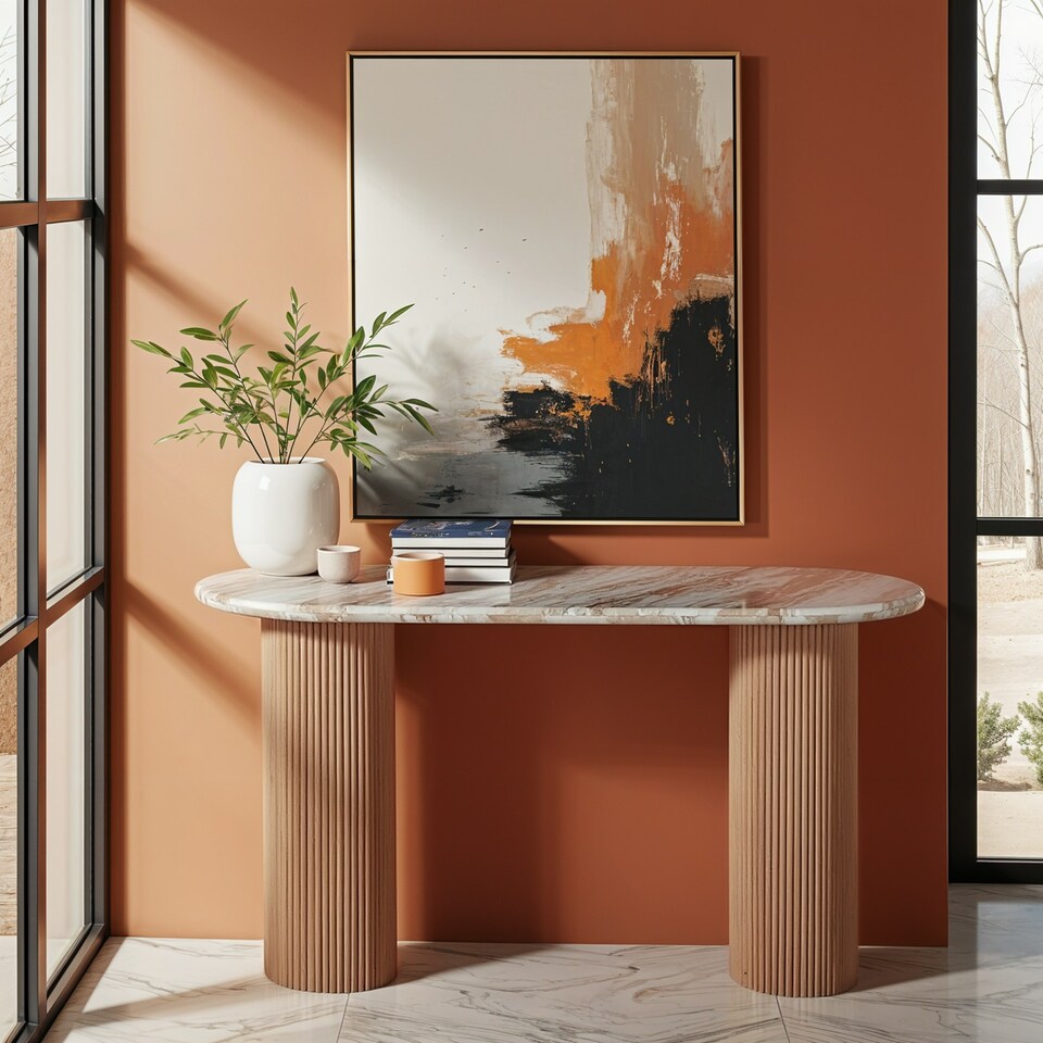 image 1 of Bundi Natural Marble & Wood Pedestal Console Table Brown