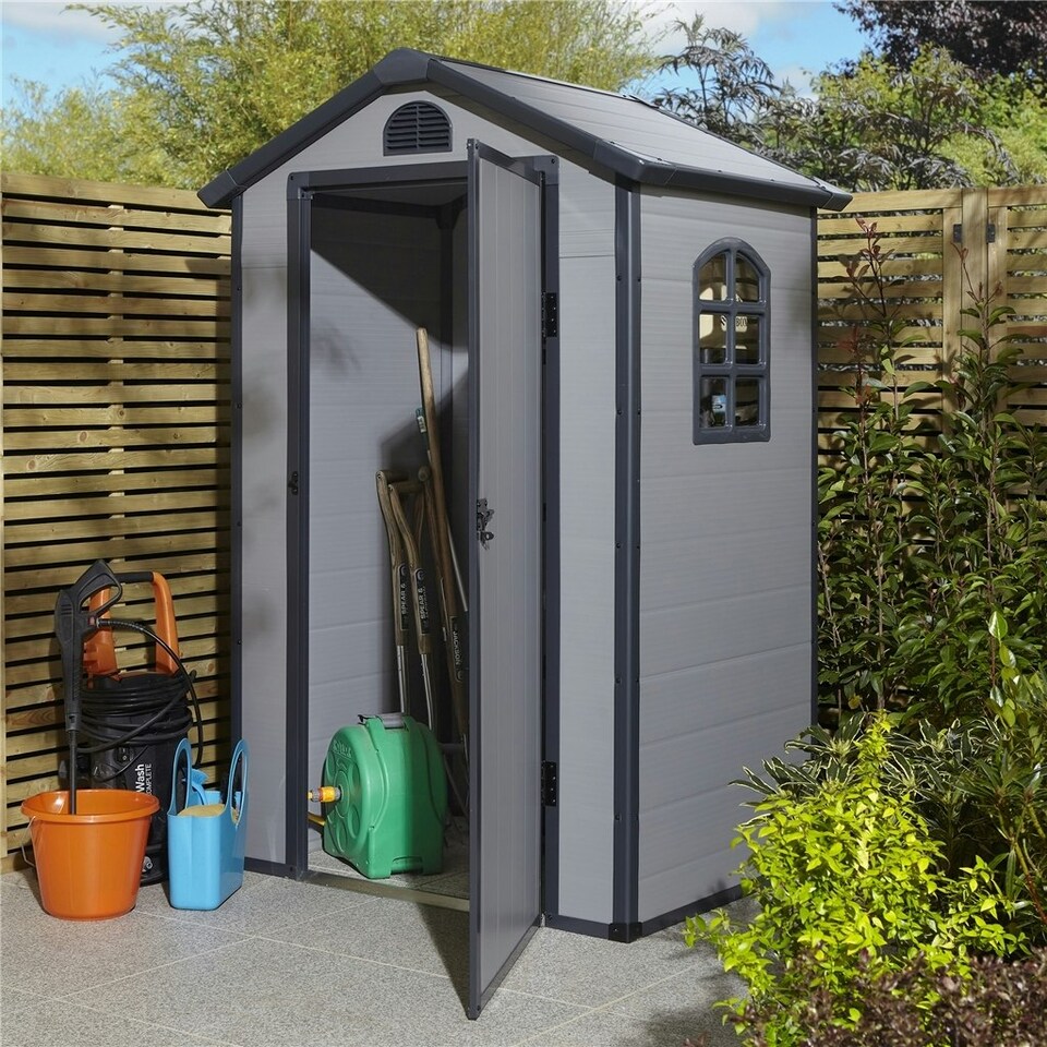 image 1 of 4 x 3 (1.34m x 1.04m) Single Door Apex Plastic Shed - Light Grey