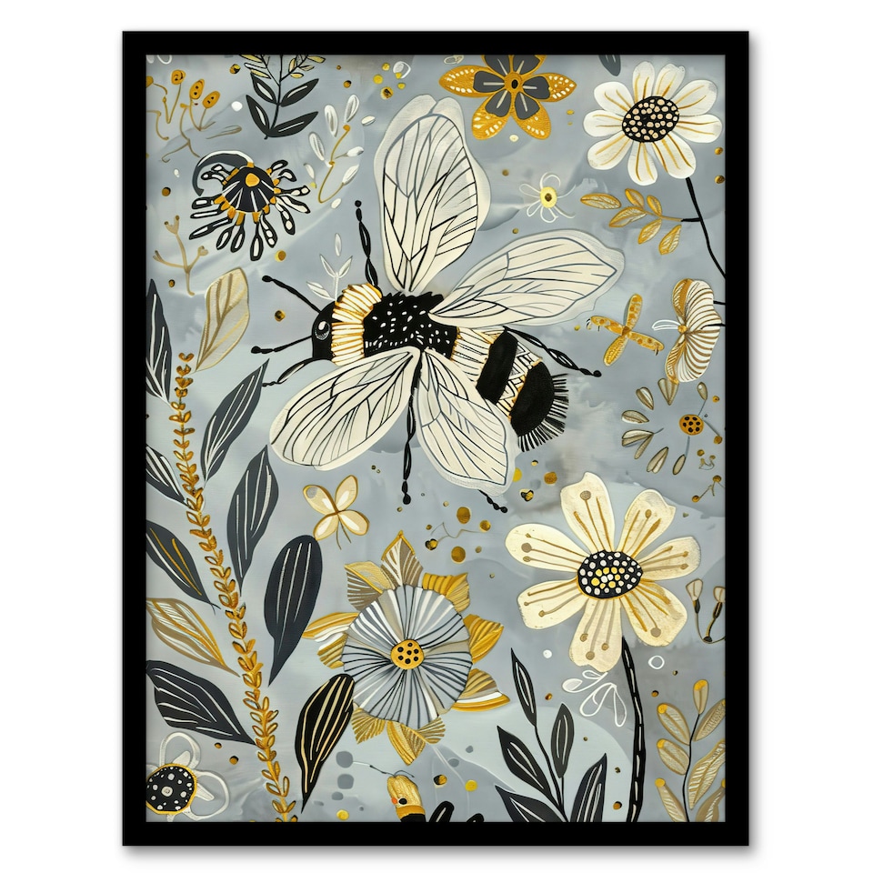 image 1 of Spring Flower Honey Bee Rustic Floral Black Framed Wall Art Print A4