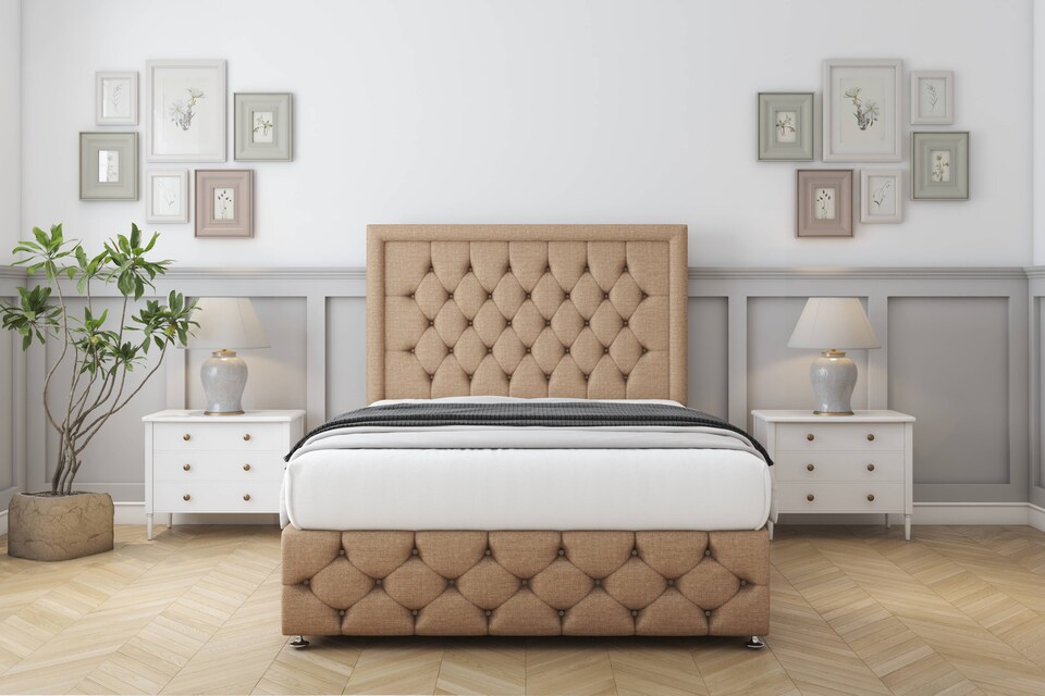 image 1 of Sloomy Vienna Latte Dumfries Divan Bed Base 2 Drawers Right Side With 54 Inch Floor Standing Headboard & 12 Inch Matching Footboard | Brown | Latte | Small Double | 1