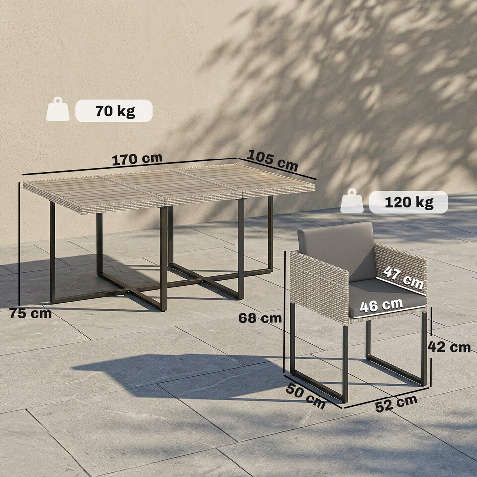 image 1 of Outsunny Rattan Garden Furniture Set, Rattan Table and Chairs with Cushions | Grey | Light Grey | Table: 170 x 165 x 75 cm; Chair: 52 x 50 x 68 cm