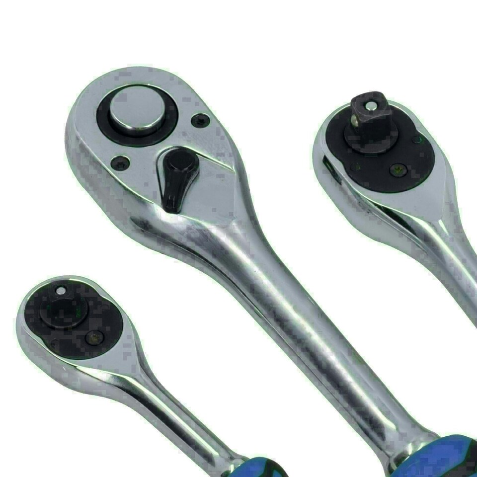 image 1 of 1/4in 3/8in 1/2in Drive Ratchets Straight Handle 90 Teeth Quick Release 3pc Set