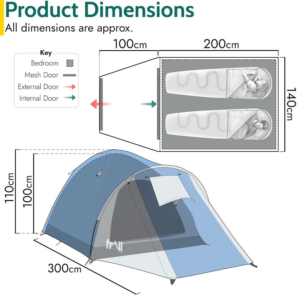 image 1 of Bracken 2 Man Tent With Porch Waterproof at 3000mm HH Camping Festival Trail | Blue | 1