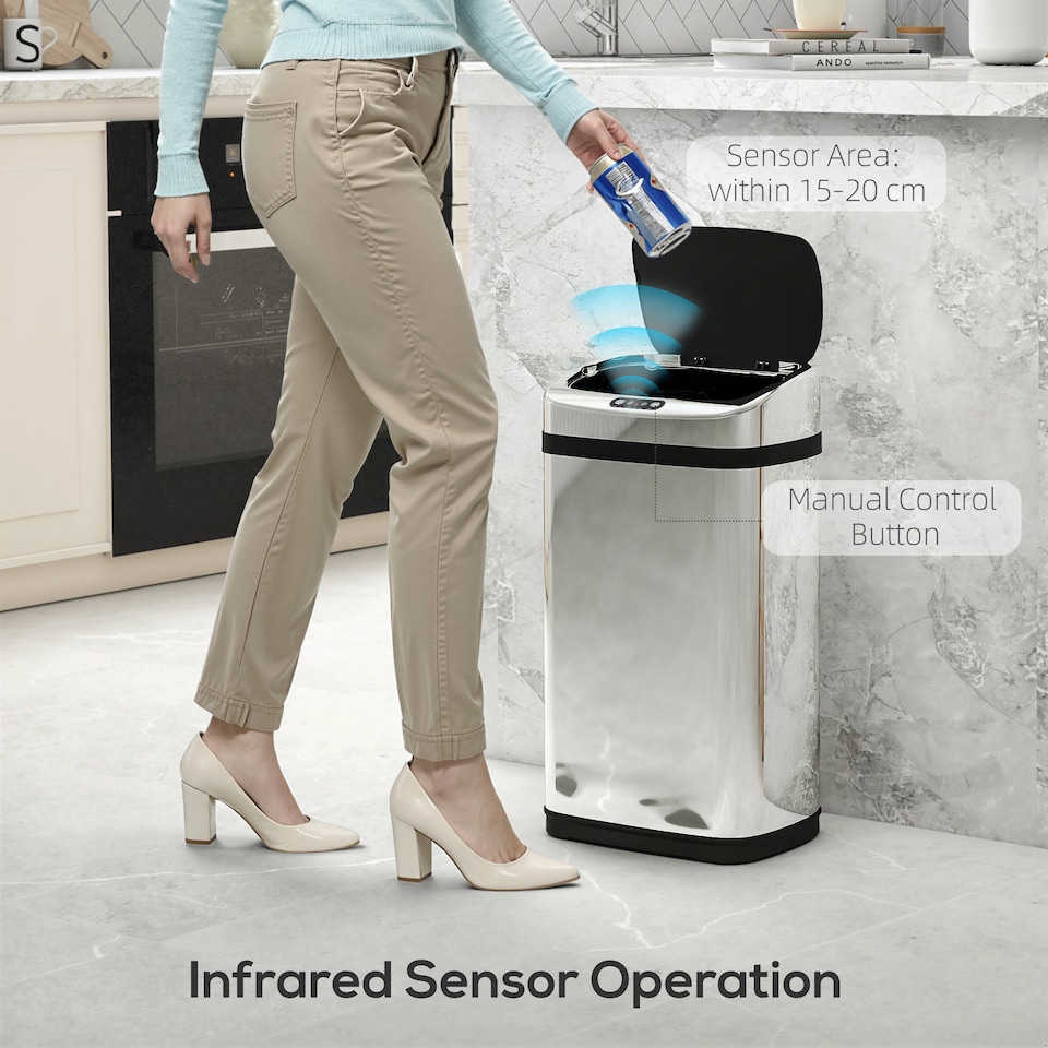 image 1 of HOMCOM 30L Automatic Kitchen Bin with Lid, Stainless Steel Sensor Bin with Infrared Motion Sensor for Home Office, Bathroom, Living Room, Silver | Silver | 1