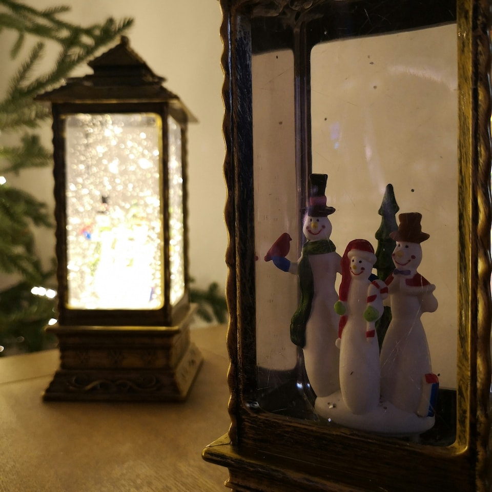 image 1 of 27cm Premier Glitter Water Spinner LED Lantern Christmas Decoration with Snowman Scene