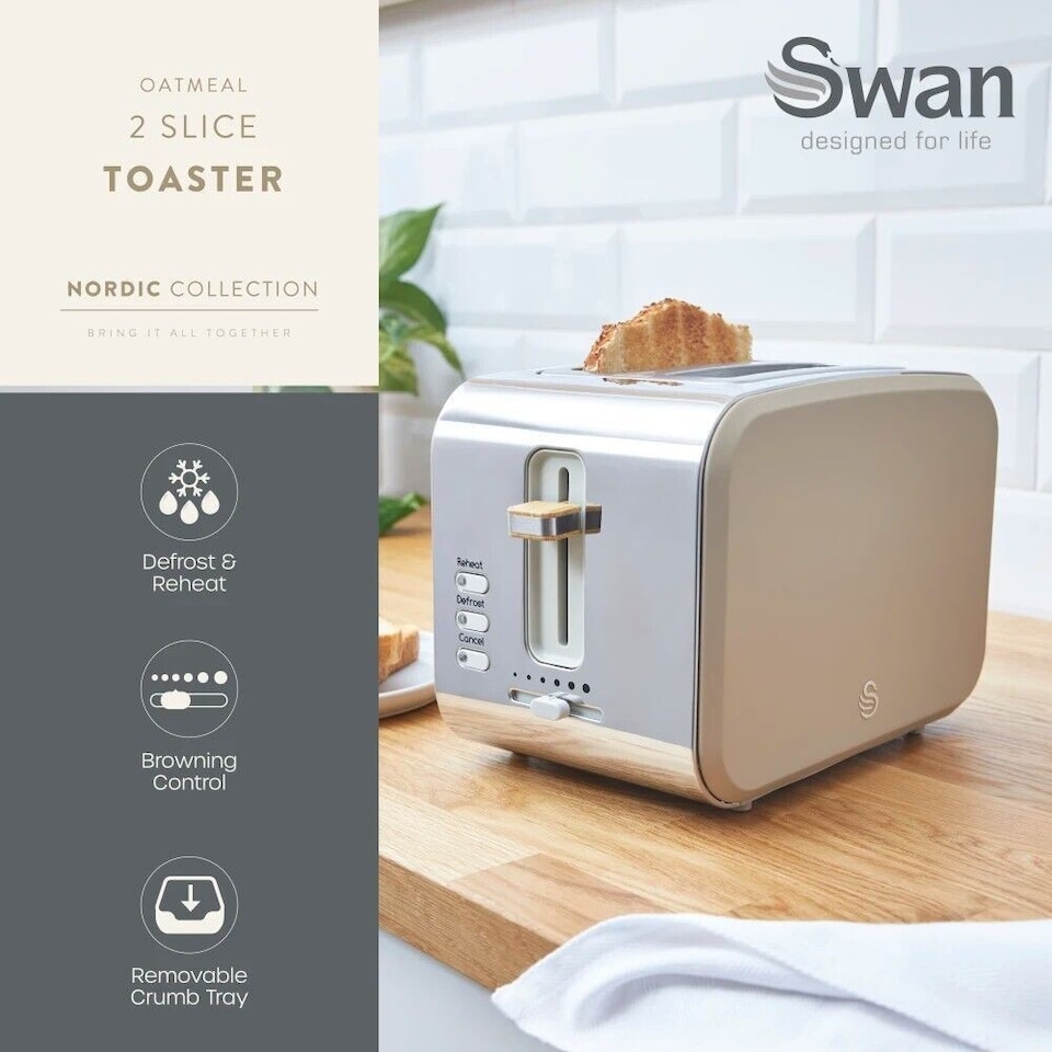 image 1 of Swan Nordic Oatmeal 1.7L 3KW Kettle, 2 Slice Toaster, Breadbin and Canisters Kitchen Set