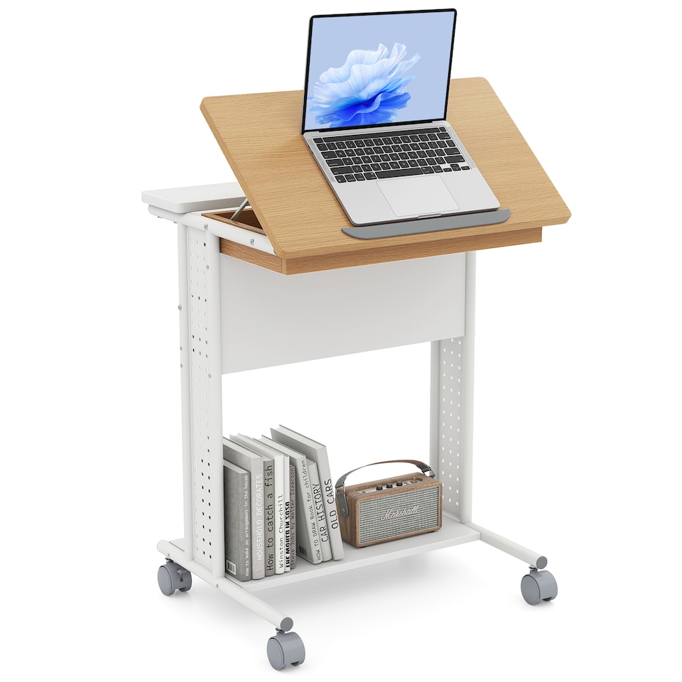 image 1 of COSTWAY Rolling Portable Desk C-Shaped Computer Cart White
