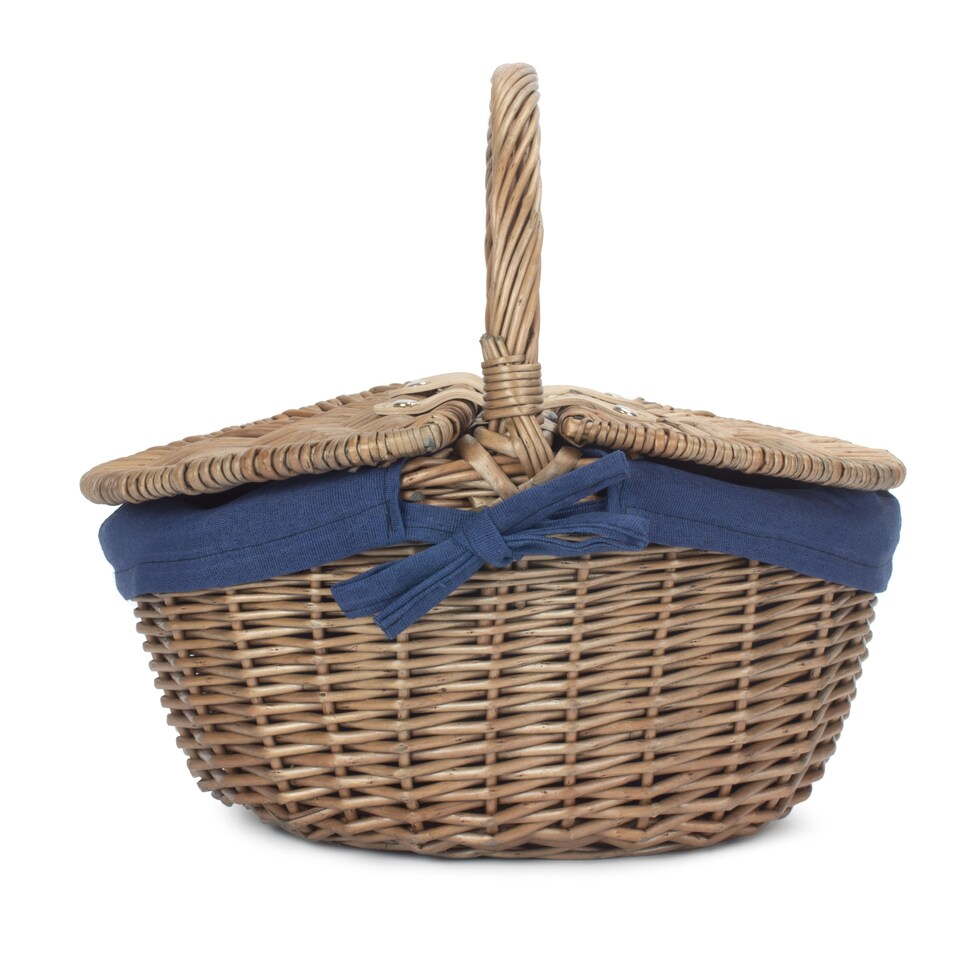 image 1 of Small Antique Wash Finish Oval Wicker Picnic Basket with Blue Lining | Blue | Navy Blue