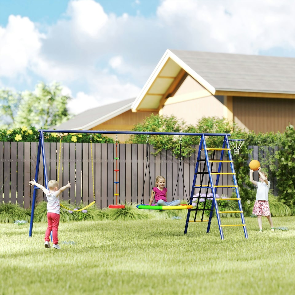 image 1 of AIYAPLAY 6 in 1 Kids Swing Set with 3 Swings, Climbing Net and Ladder