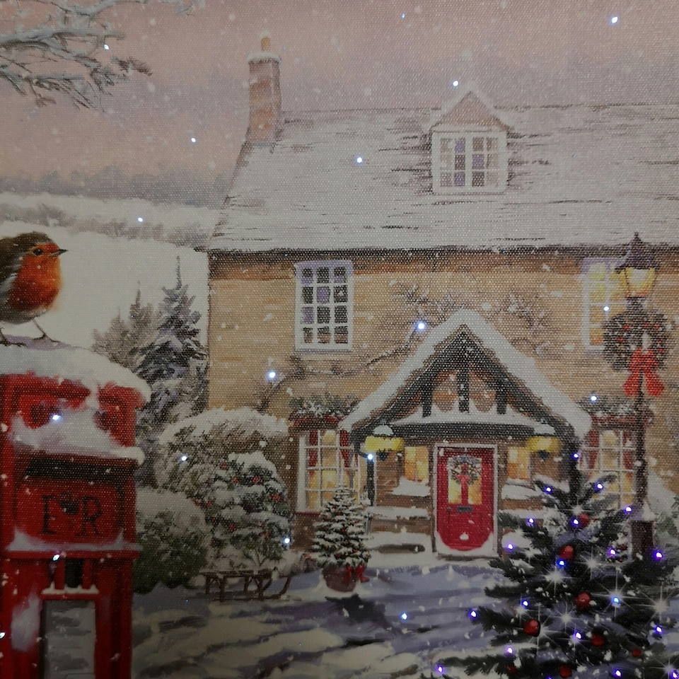 image 1 of Battery Operated 40 x 40cm Light up Snowy Christmas Robin Scene Picture Canvas