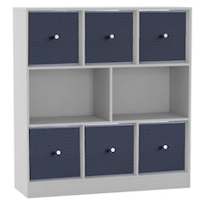 Asymmetrical 8 Cube Bookcase Unit w/ 6 Drawer Inserts | White | White & Navy Blue | 8
