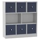 image 1 of Asymmetrical 8 Cube Bookcase Unit w/ 6 Drawer Inserts | White | White & Navy Blue | 8