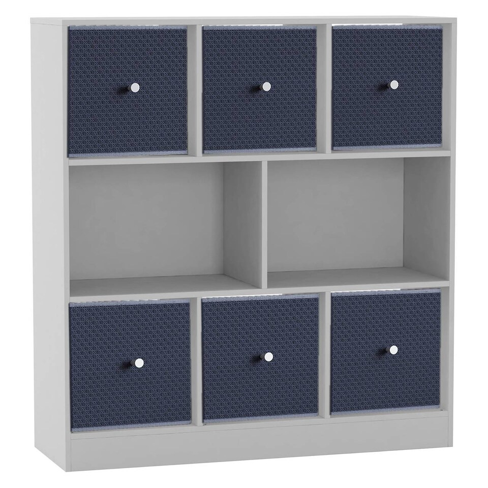 image 1 of Asymmetrical 8 Cube Bookcase Unit w/ 6 Drawer Inserts | White | White & Navy Blue | 8