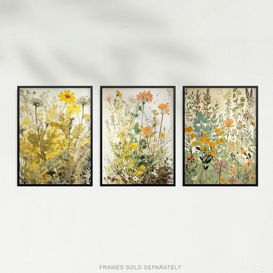 image 1 of Set of 3 Wildflowers Vintage Pastel Floral Artwork Spring Flower Meadow Wall Art Living Room Prints 12x16 Inch
