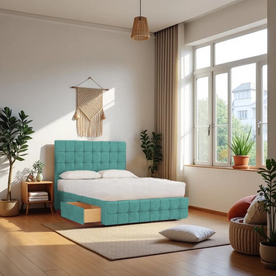 image 1 of Munic Plush Bed Set With Mattress, 2 Drawers Same Side & 24"Headboard
