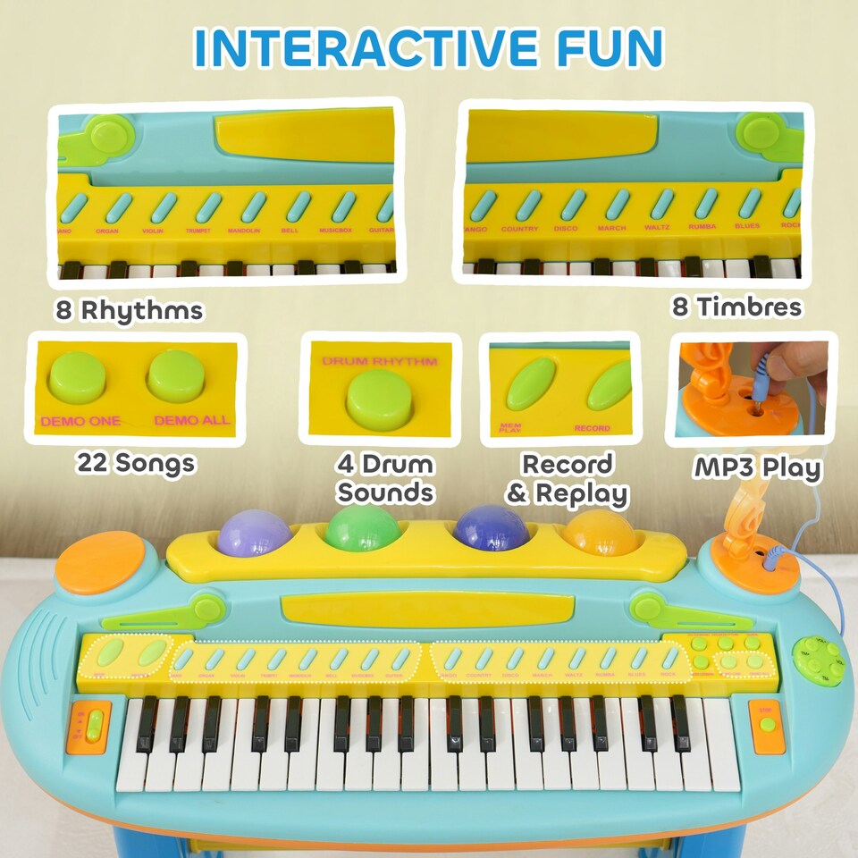 image 1 of AIYAPLAY 37-Key Kids Piano w/ Microphone, Stool, Record & Play Function