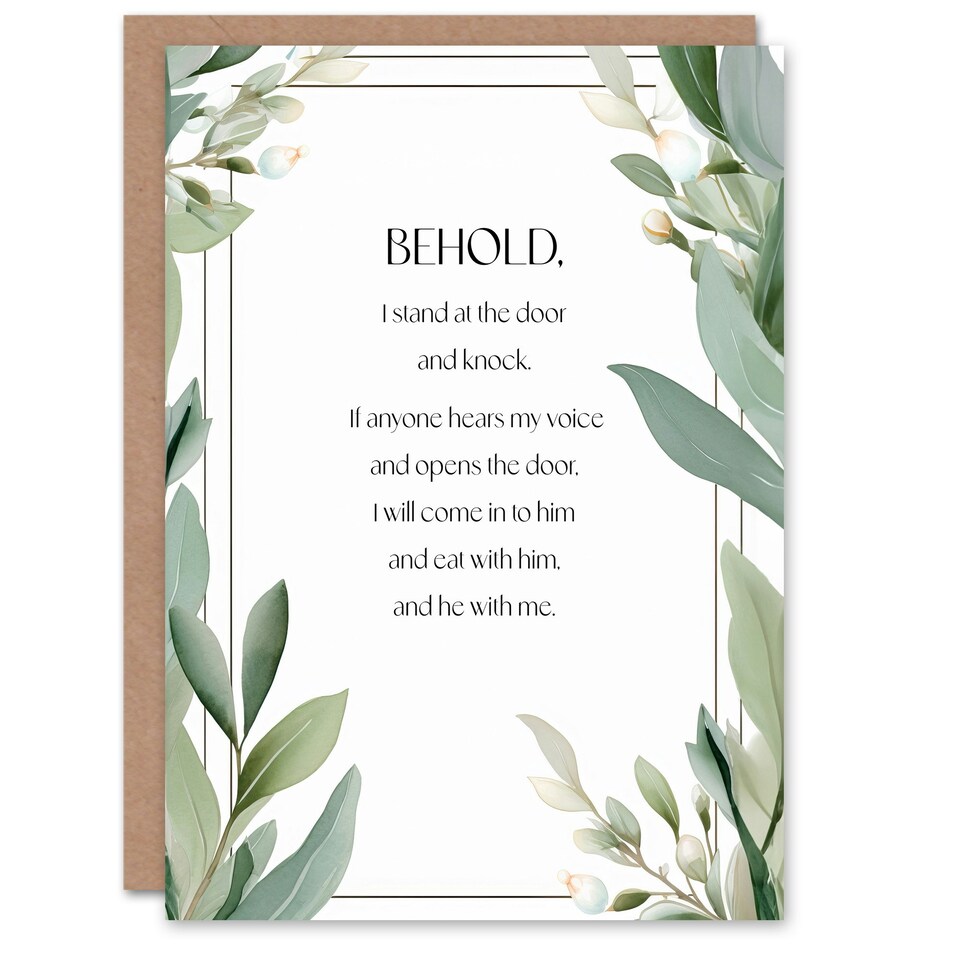 image 1 of Behold Stand at Door and Knock Green Floral Bible Christian Birthday Card