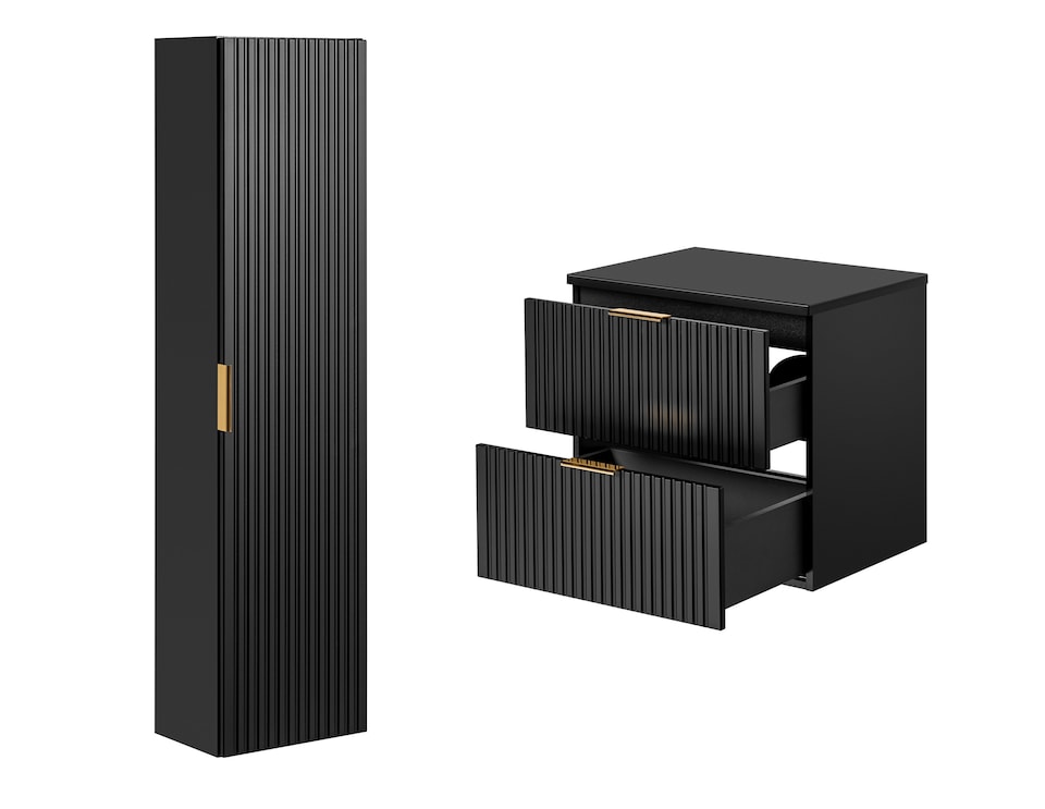 image 1 of Bathroom Cabinets Furniture Set Wall Hung 800mm Vanity Unit with Countertop and Tall Storage Cabinet Black Ribbed Fluted Adel