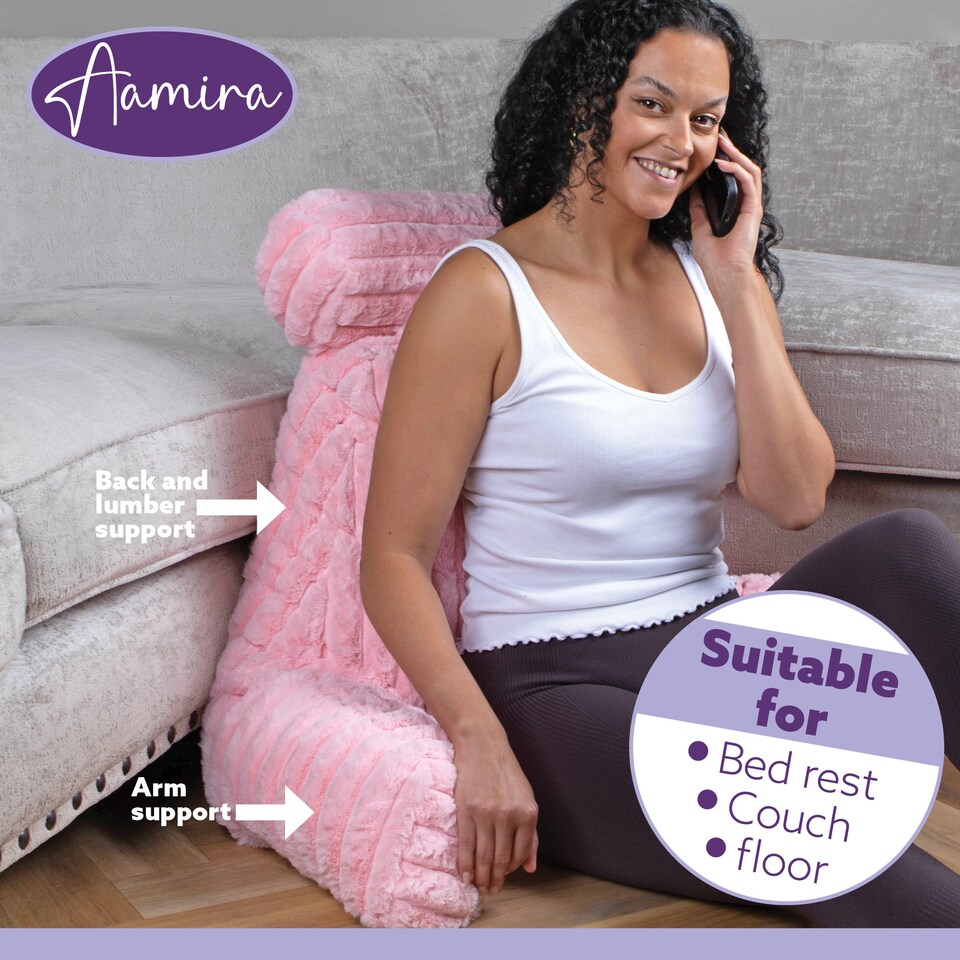 image 1 of Aamira Reading Pillow Pink Faux Fur Ribbed Memory Foam Support Cushion | Pink | Pink | Standard | 1