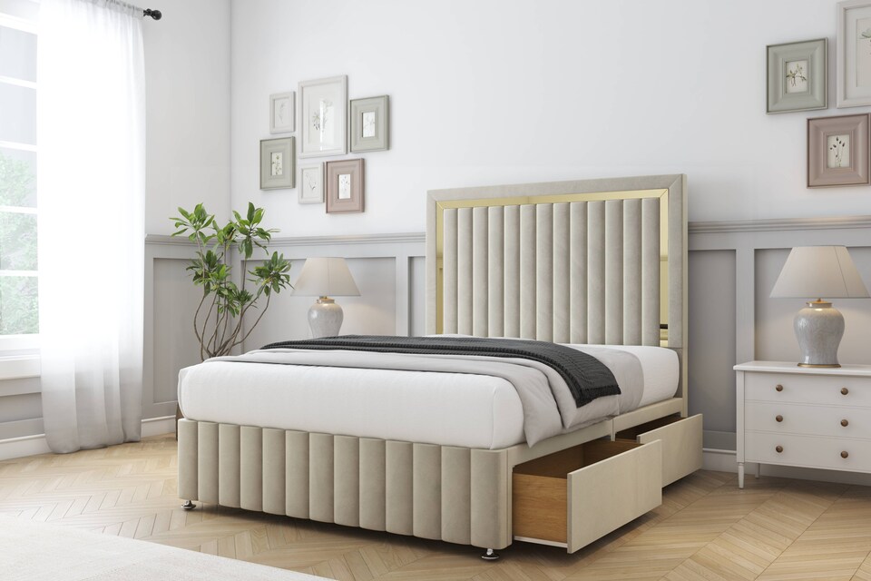 image 1 of Sloomy Boston Gold Cream Plush Divan Bed Base 2 Drawers Right Side With 26 Inch Strutted Headboard & 12 Inch Matching Footboard | Cream | Cream | Super King | 1