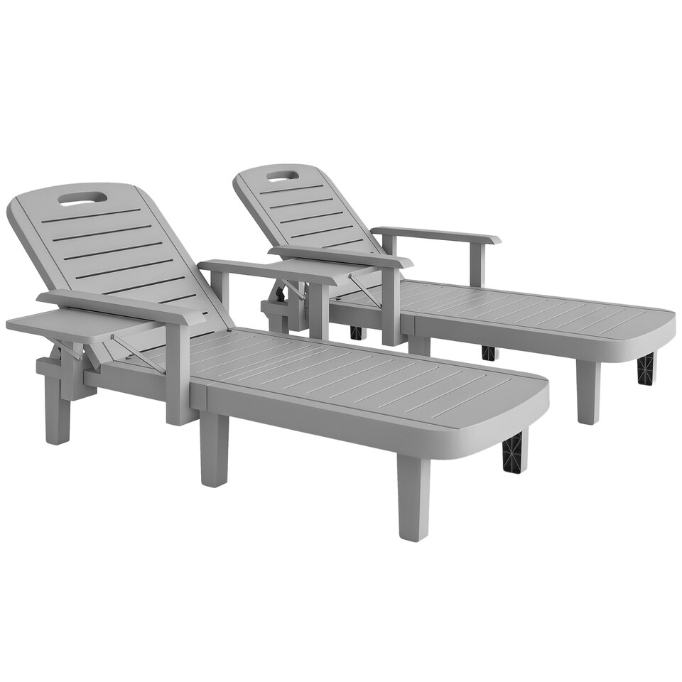 image 1 of Outsunny Set of 2 Resin Reclining Sun Loungers for Garden Grey | Light Grey