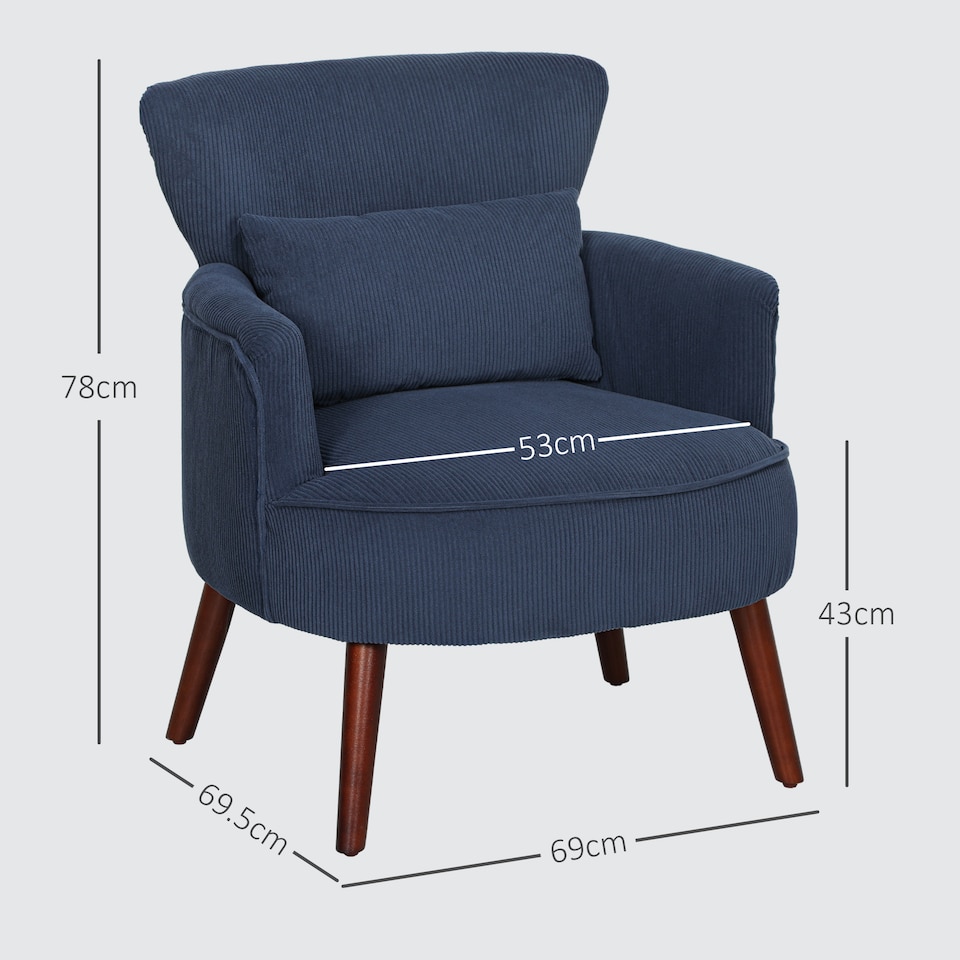 image 1 of HOMCOM Modern Armchair, Upholstered Corduroy Accent Chair with Thick Padded Seat, Lumbar Pillow, Rubber Wood Legs, Cuddle Chair for Living Room Bedroom Office, Blue