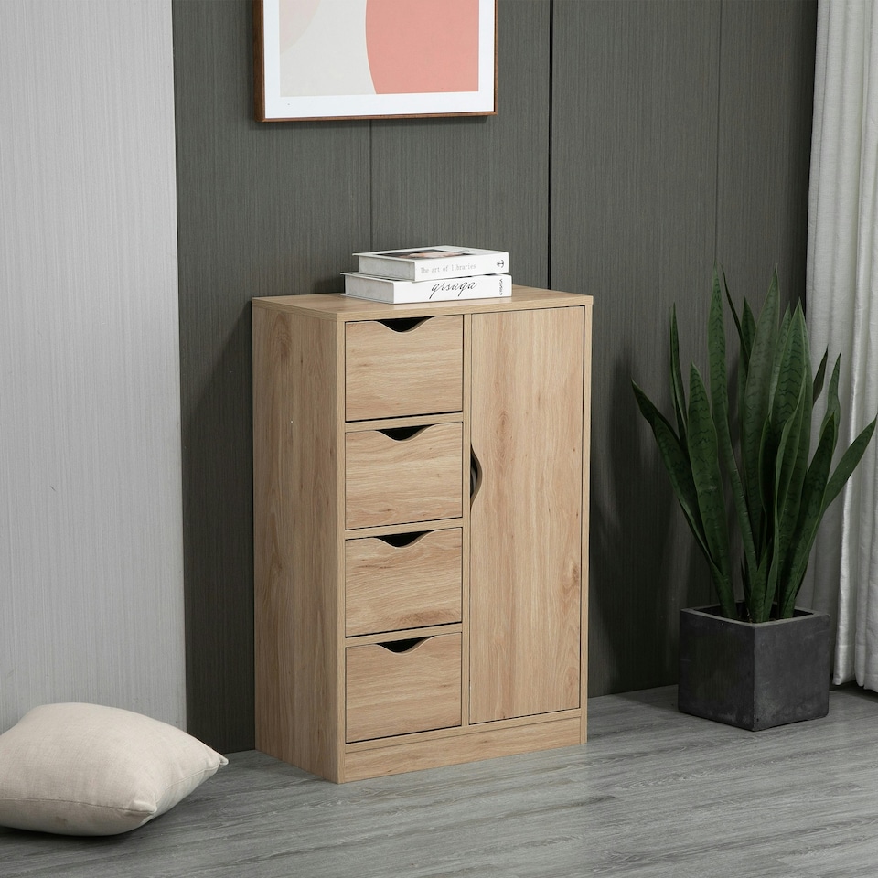 image 1 of HOMCOM Freestanding Bathroom Cabinet with 4 Drawers and Door Cupboard Natural