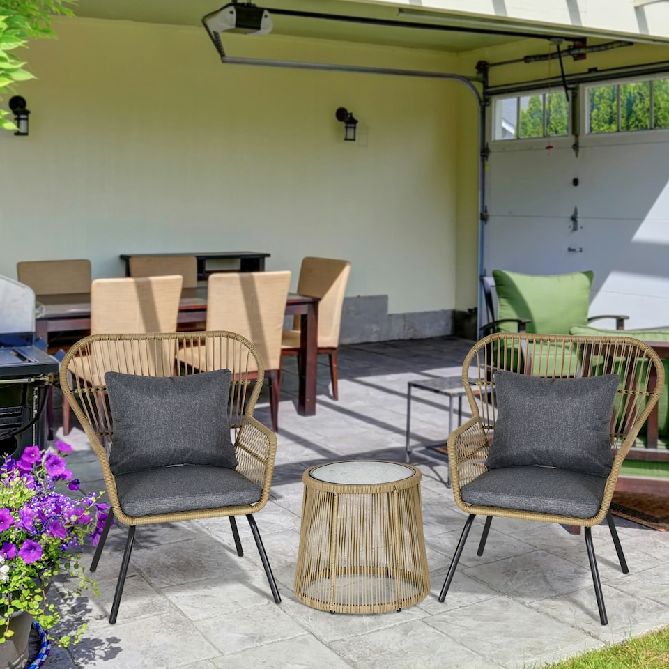 image 1 of Outsunny 3 PCS Webbed PE Rattan Outdoor Patio Set with Cushions Frame Brown