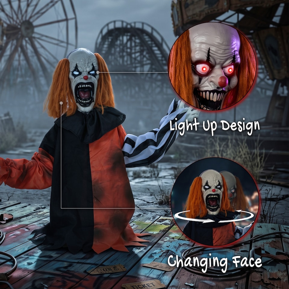 image 1 of HOMCOM Animated Halloween Clown with Face Changing Animatronics
