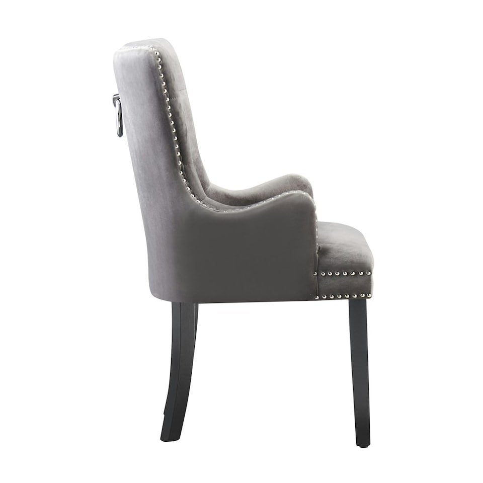 image 1 of Set of 6 Velvet Dining Chairs with Armrest, Ergonomic Scoop Knockerback & Button Tufted Wood Legs Grey | Dark Grey