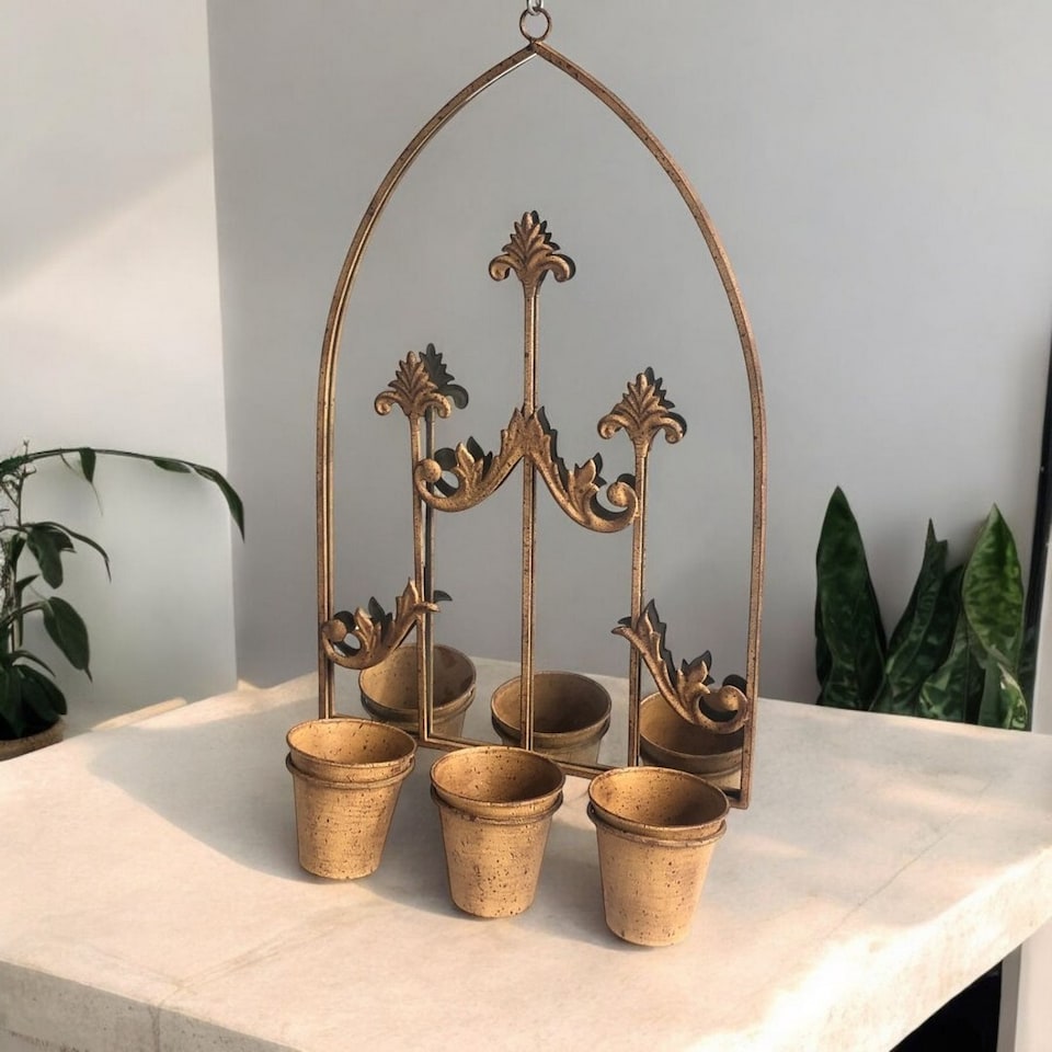 image 1 of Wall Mirror with Triple Planter - Metal - L15 x W45 x H75 cm - Rusty