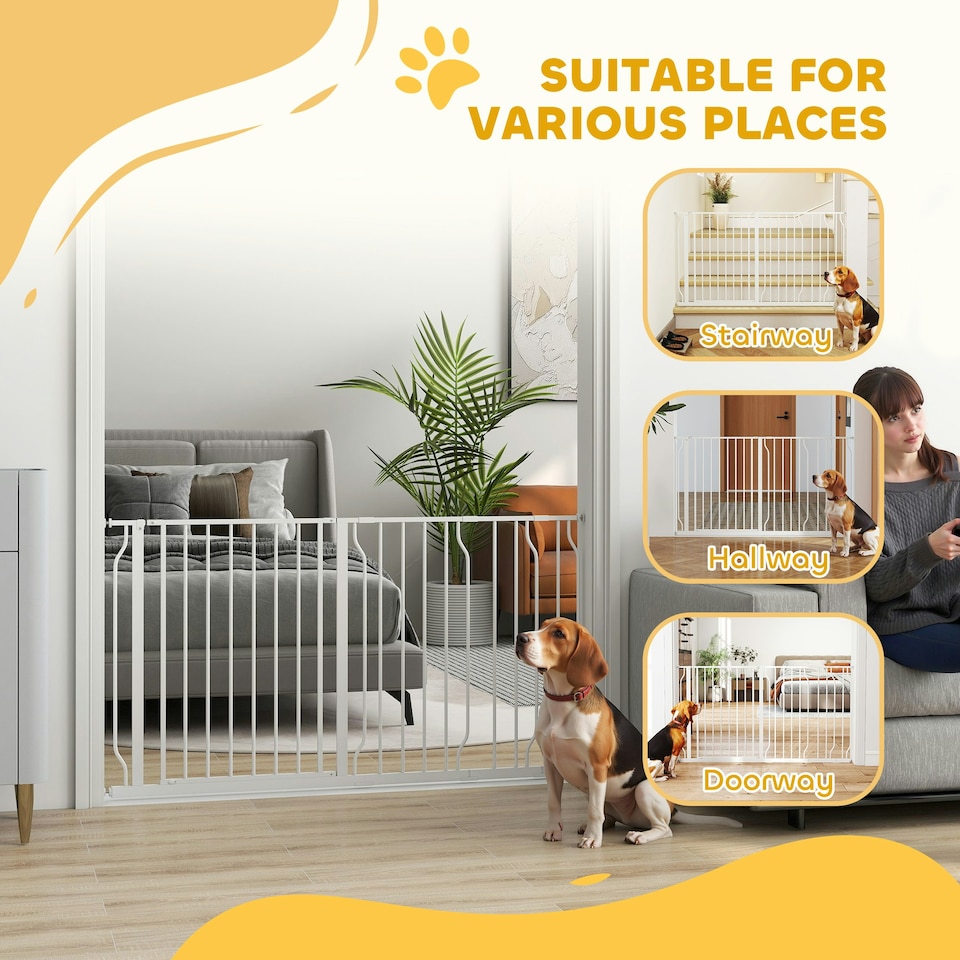 image 1 of PawHut Dog Gate Wide Stair Gate w/ Door Pressure Fit, 75-145W cm, White