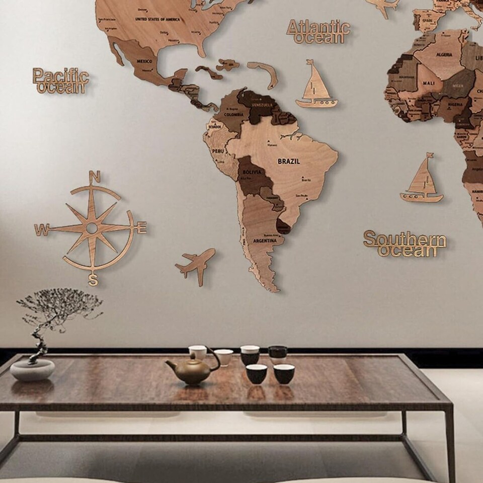 image 1 of 3D Wooden World Map Wall Decor Wall Art Home Office Travel Birthday Decoration