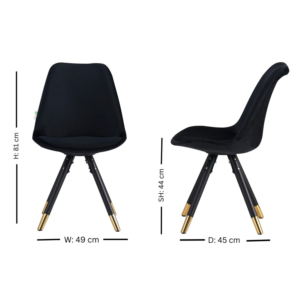 image 1 of Set of 6 Sofia Ergonomic Modern Dining Chairs Upholstered in Velvet, Metal Legs with Gold End Tips Black