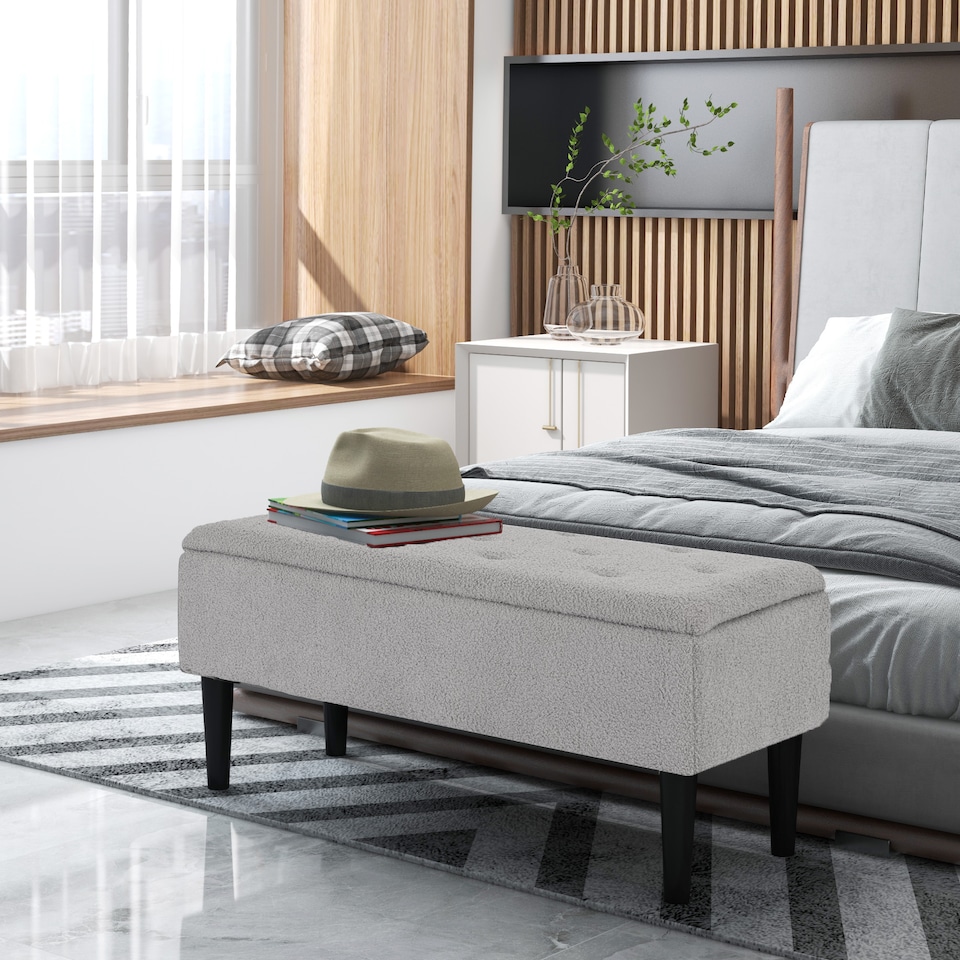 image 1 of HOMCOM 57L Storage Ottoman, End of Bed Bench with Wooden Legs, Fabric Footstool for Living Room, Bedroom, 95 x 38 x 45cm, Grey | Grey