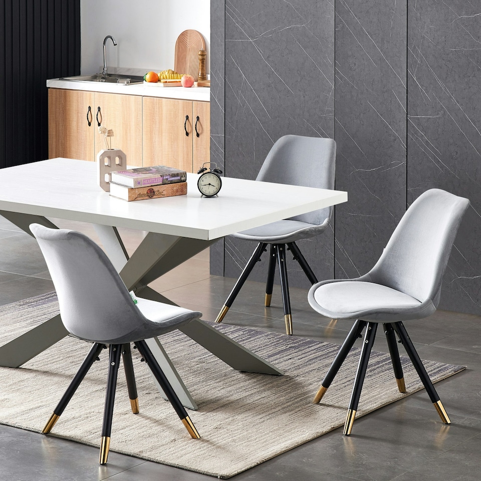 image 1 of Set of 4 Sofia Ergonomic Modern Dining Chairs Upholstered in Velvet, Metal Legs with Gold End Tips | Grey | Light Grey