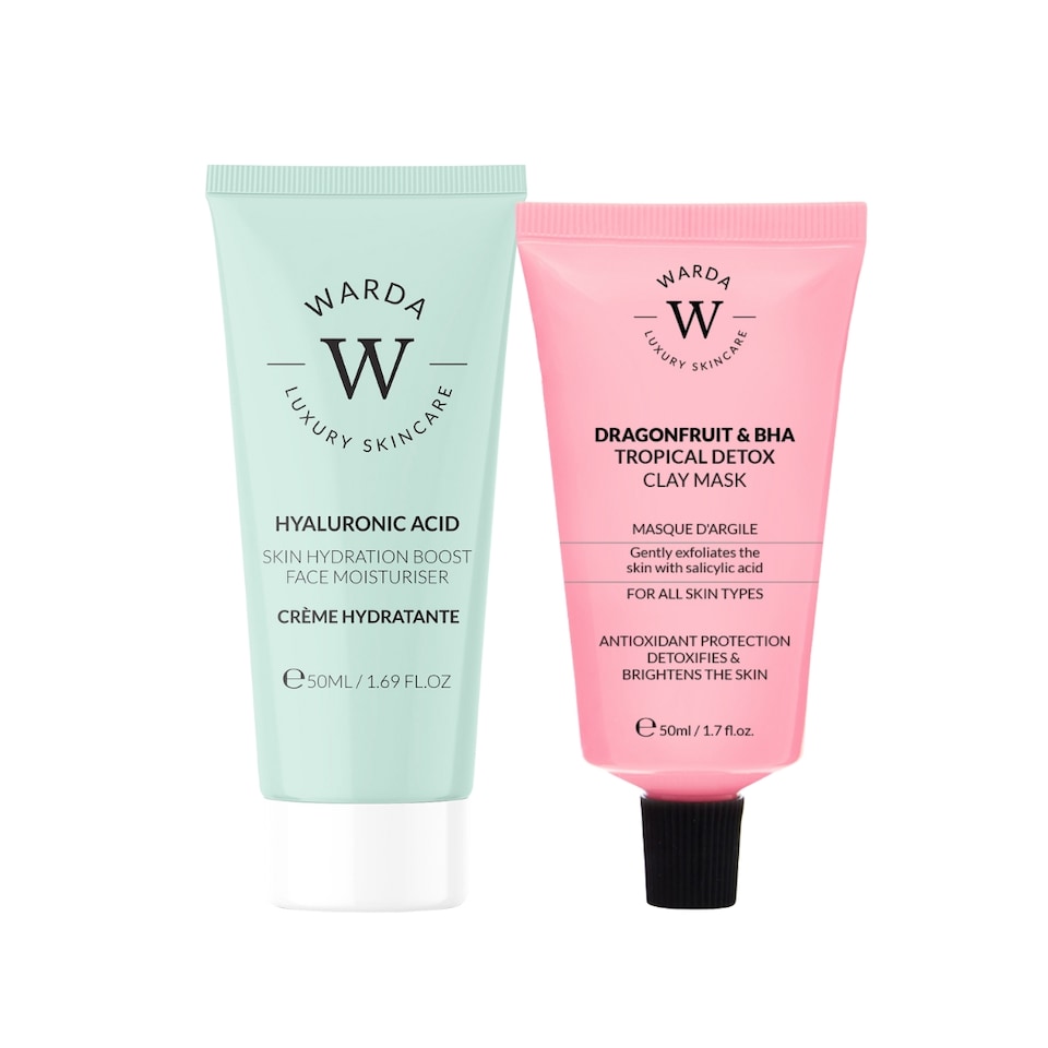 image 1 of Warda Luxury Skincare Skin Hydration Boost Hyaluronic Acid Moisturiser 50ml + Dragonfruit & BHA Tropical Detox Clay Mask 50ml