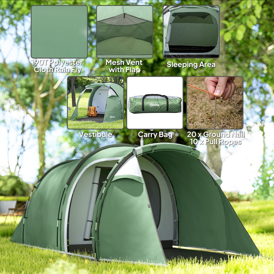 image 1 of Outsunny 3 Man Camping Tent with Porch and Weather-Resistant Rainfly, Green