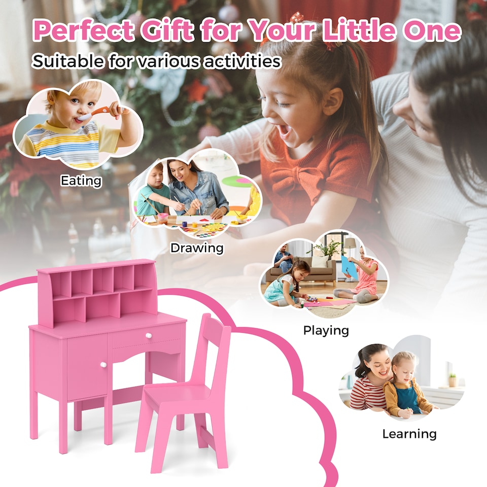 image 1 of COSTWAY Kids Study Desk and Chair Set Children Wooden Craft Table & Chair-Pink