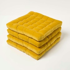 Homescapes Set of 4 Seat Pad Cushion Luxury Cotton Velvet Indoor Outdoor Garden, 40 x 40cm Yellow