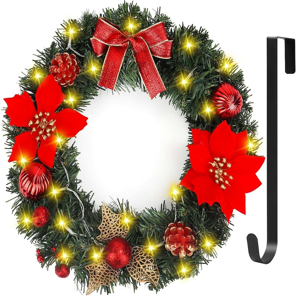 image 1 of Christmas Wreath, Artificial Door Wreath with 30 LED Lights and Hanger