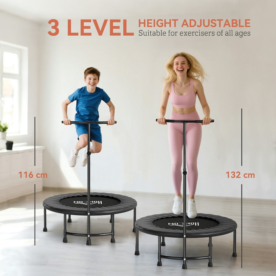 image 1 of HOMCOM 40" Mini Trampoline, Rebounder Jumper w/ Adjustable Handle, Black