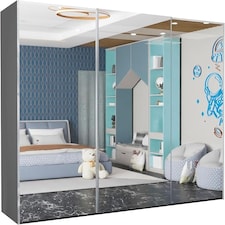 Expansive 250cm 3-Door Sliding Mirrored Wardrobe with Integrated Drawers | White, Black, Grey Finish Grey | Grey250cm