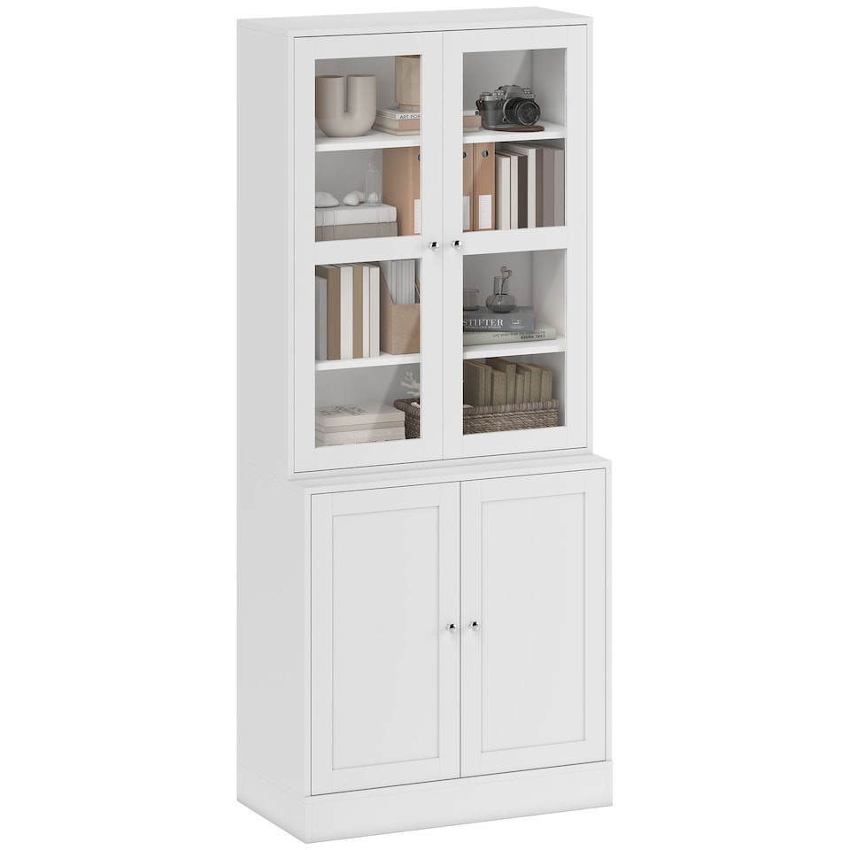 image 1 of HOMCOM Modern Bookcase with Glass Doors, Display Storage Cabinet with Adjustable Shelves for Living Room, Study, Home Office, Kitchen Cupboard with Small Open Counter, White