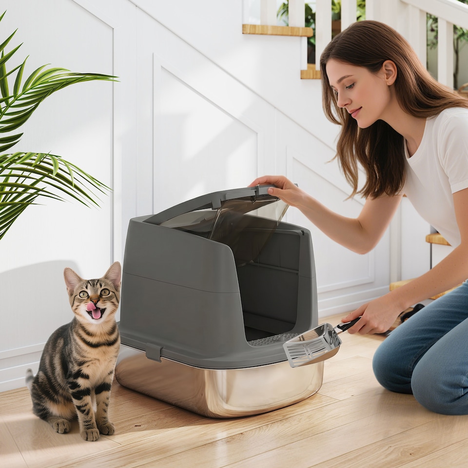 image 1 of PawHut Stainless Steel Litter Box, Enclosed Metal Cat Litter Tray with Scoop