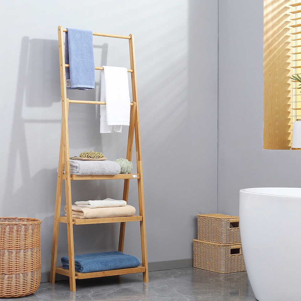 image 1 of kleankin Freestanding Natural Bamboo Towel Rack with 3 Towel Rails and 3 Storage Shelves, Space-Saving Foldable Towel Holder for Bathroom