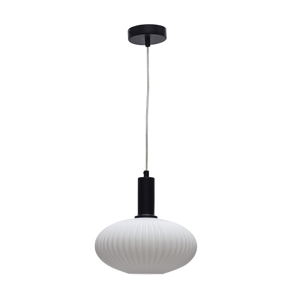First Choice Lighting Baton - White Ribbed Oval Glass Black Deco Pendant Fitting