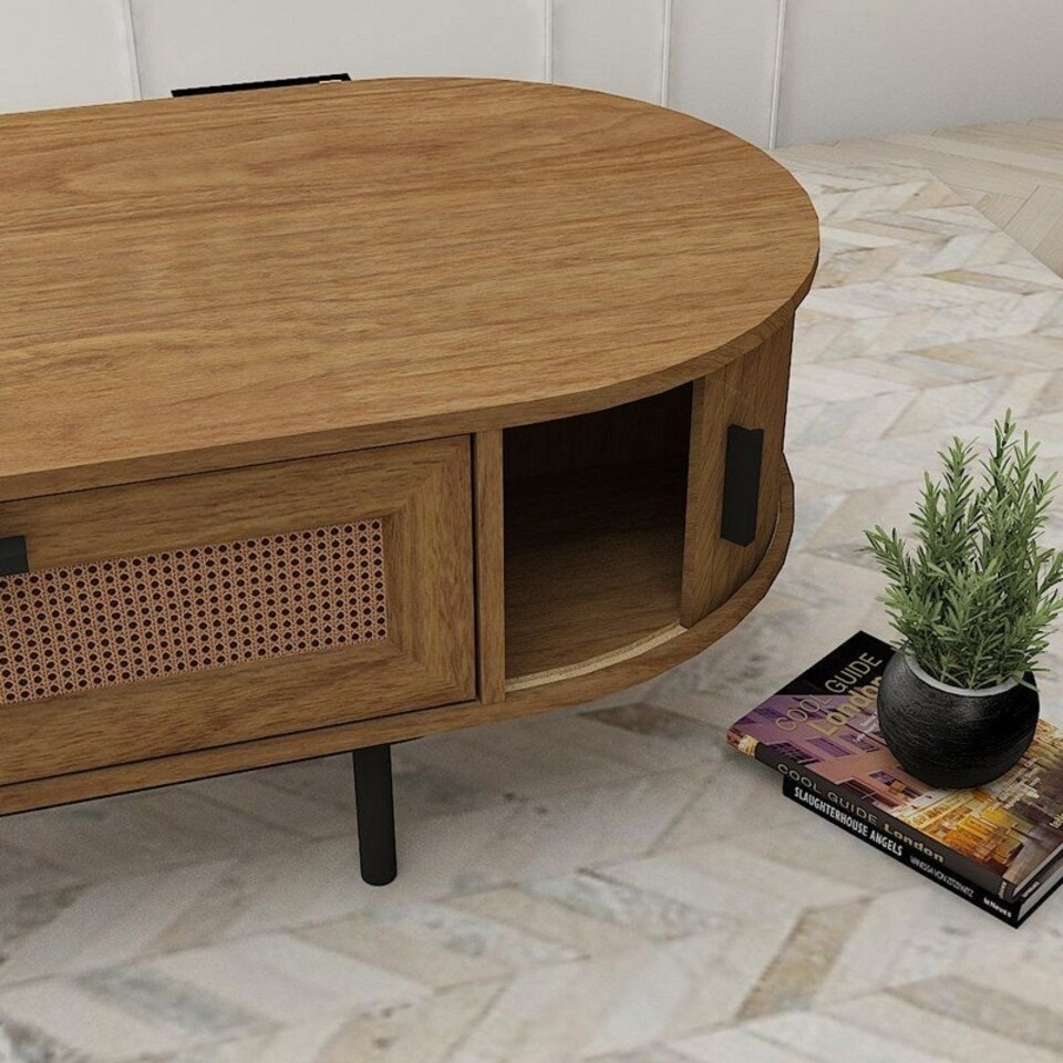 image 1 of Coffee Table Front Rattan Drawer with Metal Legs - MFC/MDF - L55 x W120 x H40 cm - Light Oak Brown