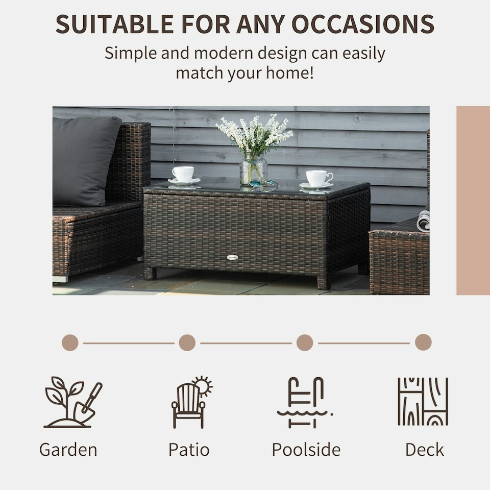 image 1 of Outsunny Garden Rattan Side Table,Wicker Coffee Desk, Glass Top, Mixed Brown